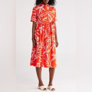 DKNY Vibrant Orange Leaf Print Midi Dress Size 14 NWT